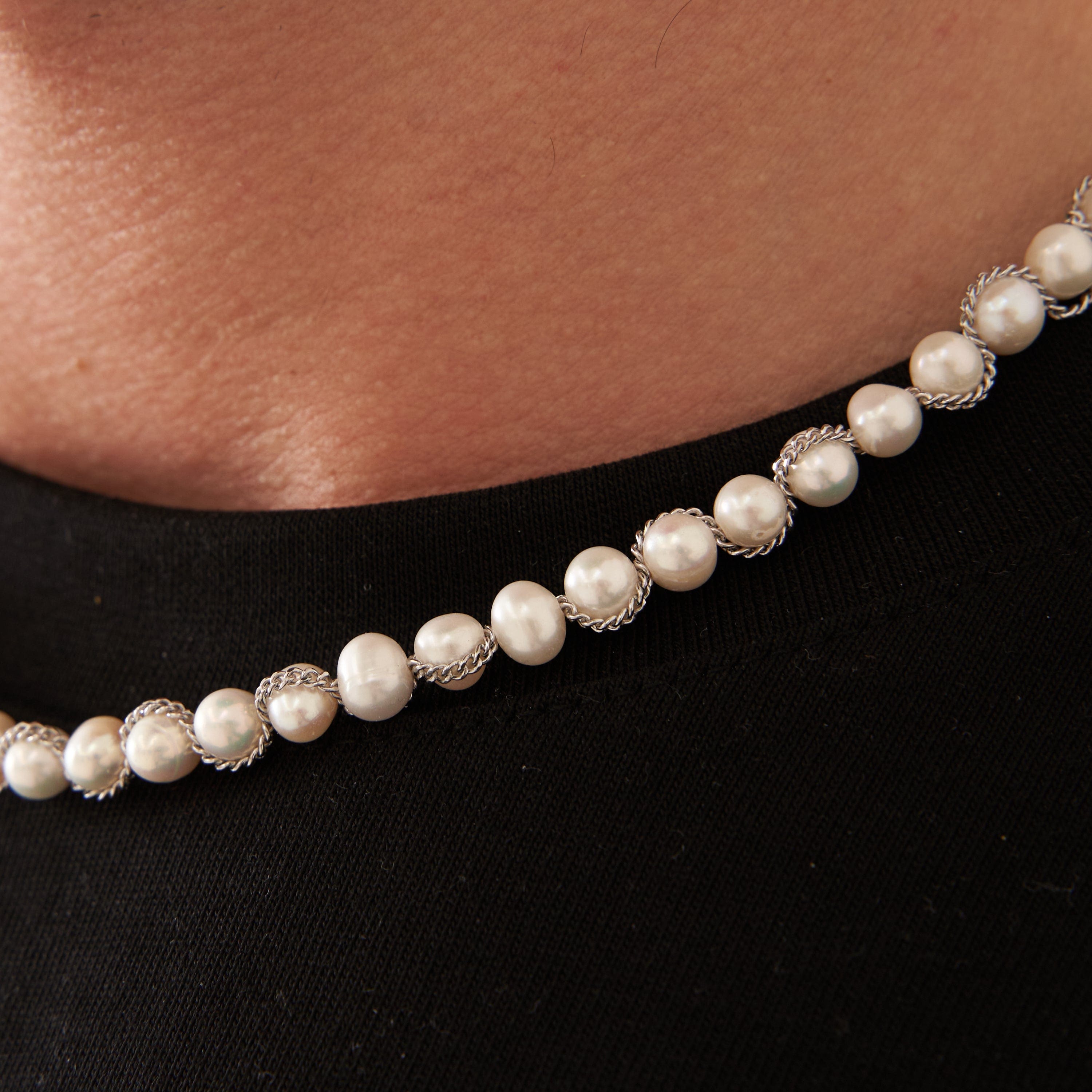 Chain Wrap Real Pearl Necklace (Silver)